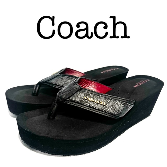 Coach Jolene Black Logo Platform Flip Flops Size 6.5 - Picture 1 of 12